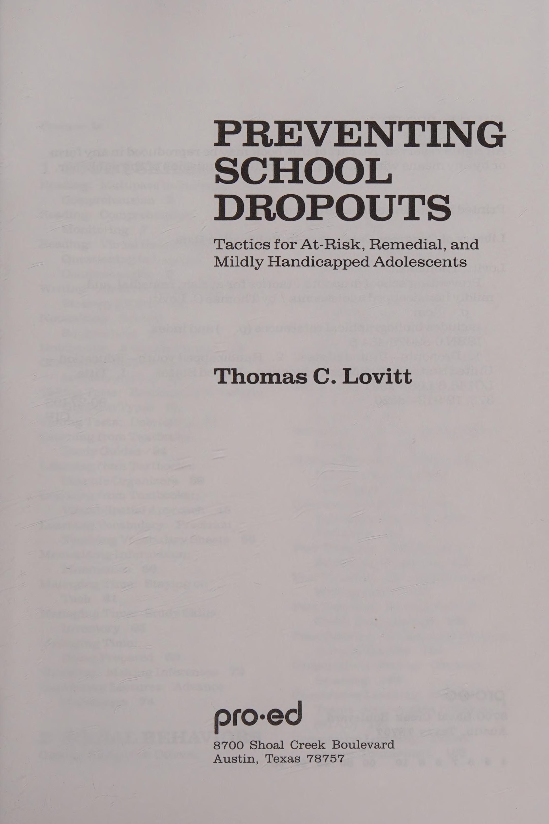 Preventing School Dropouts: Tactics For At-Risk, Remedial, And Mildly Handicapped Adolescents