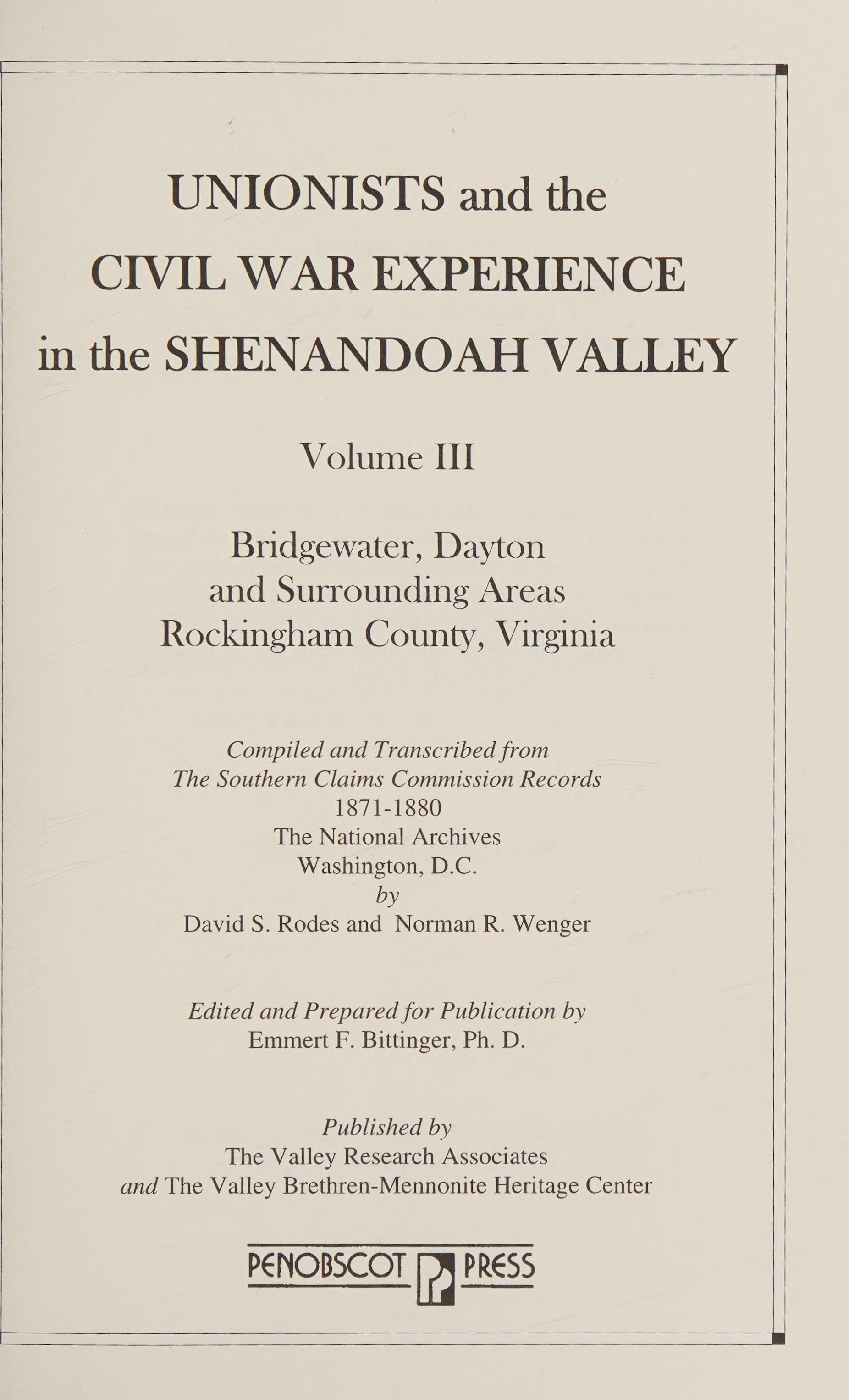 Unionists and the Civil War Experience in the Shenandoah Valley