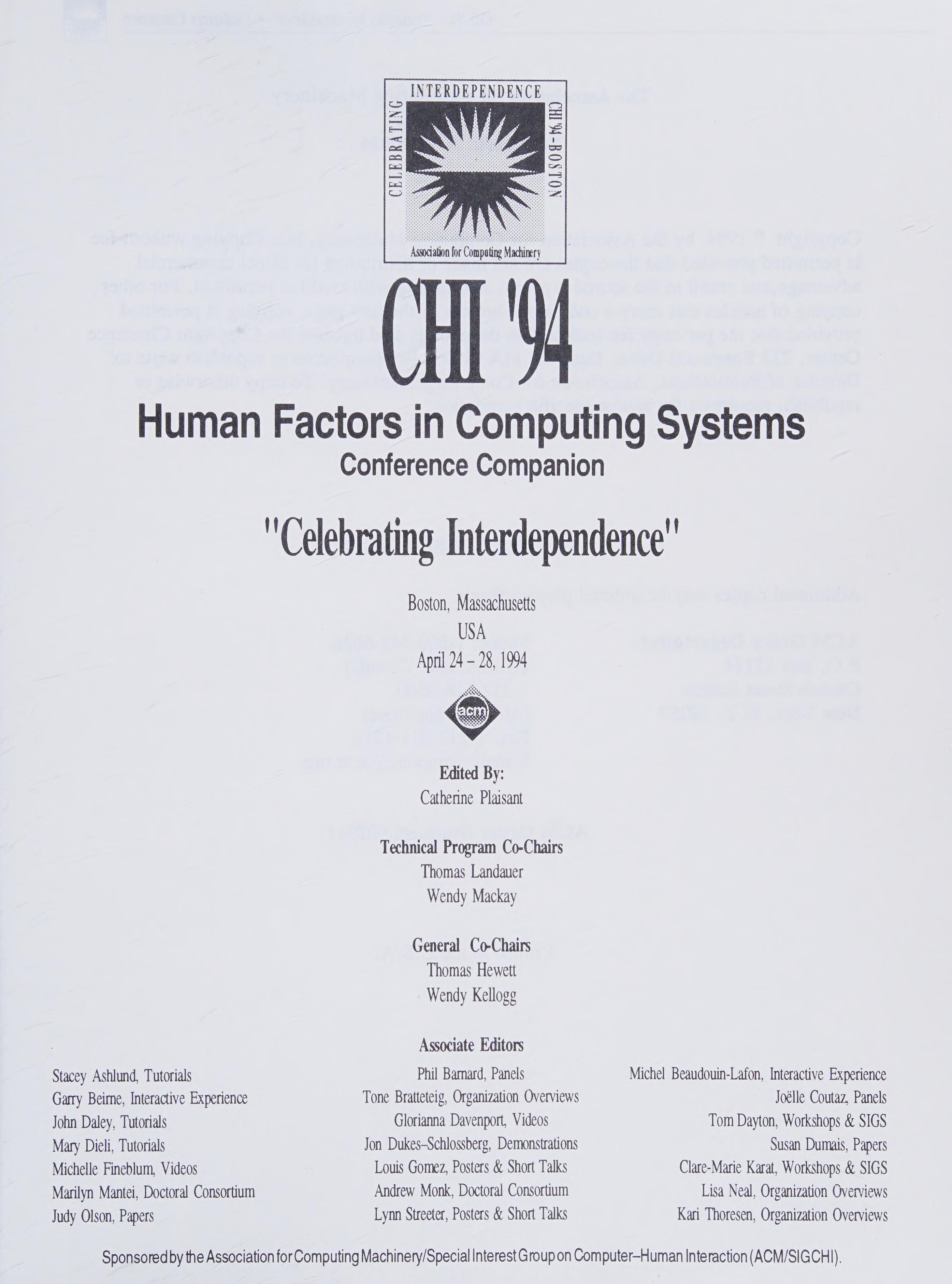 Chi 94 Conference Companion, Human Factors In Computing Systems, Celebrating Interdependence
