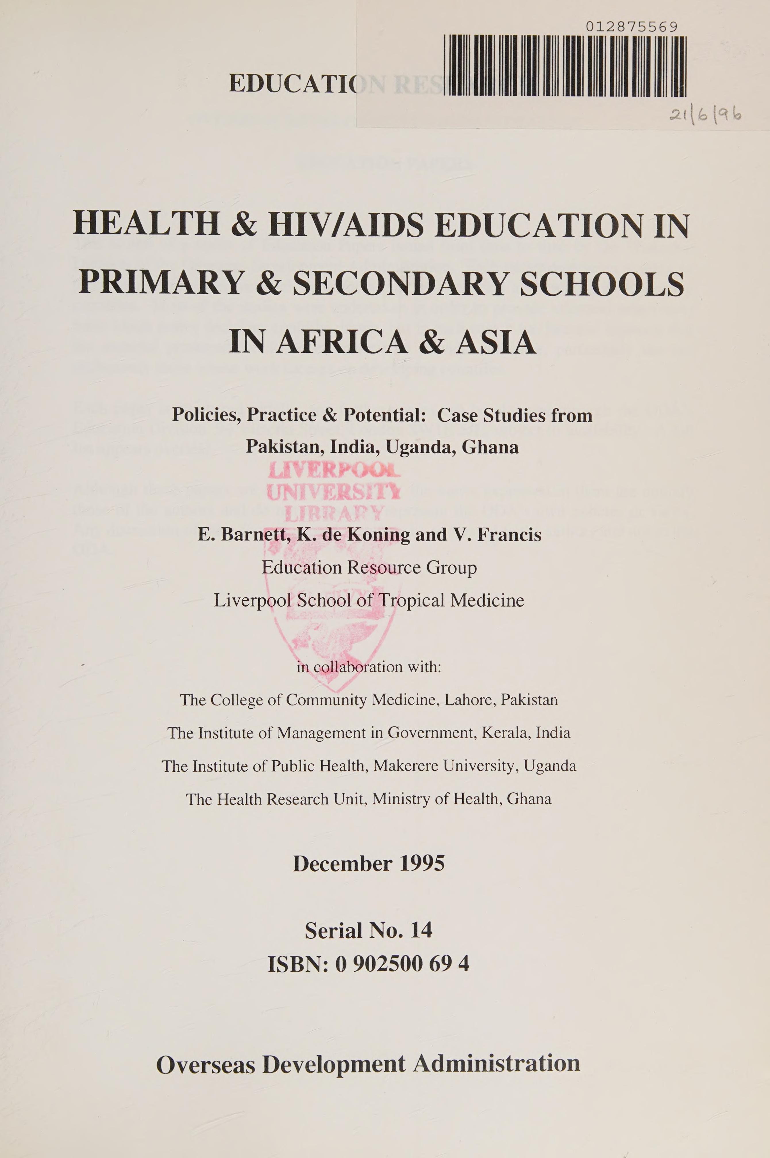 Health & HIV AIDS education in primary & secondary schools in Africa & Asia