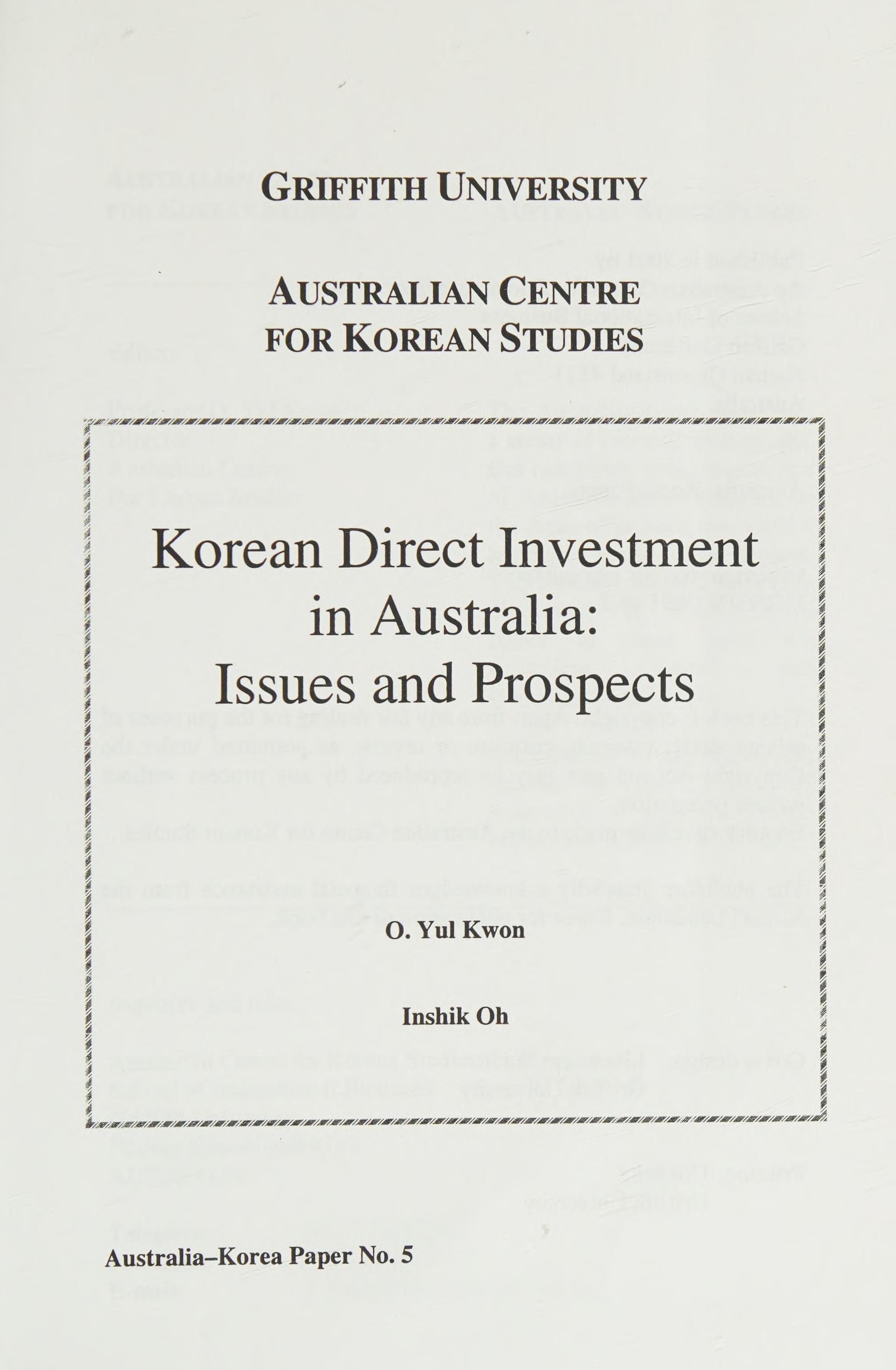 Korean Direct Investment In Australia: Issues And Prospects