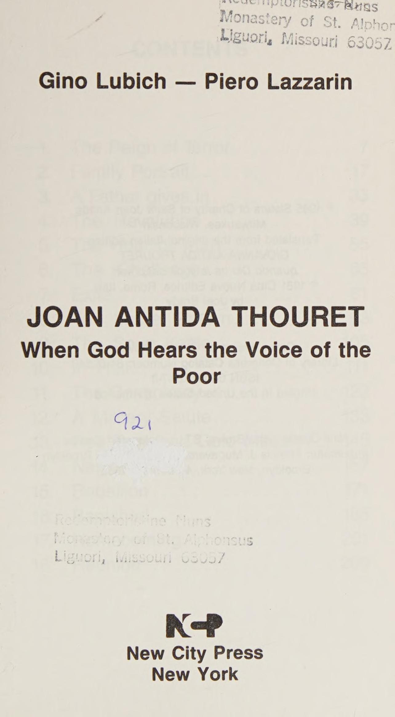 Joan Antida Thouret: When God Was The Voice Of The Poor. Joel Brody Translator From The Italian
