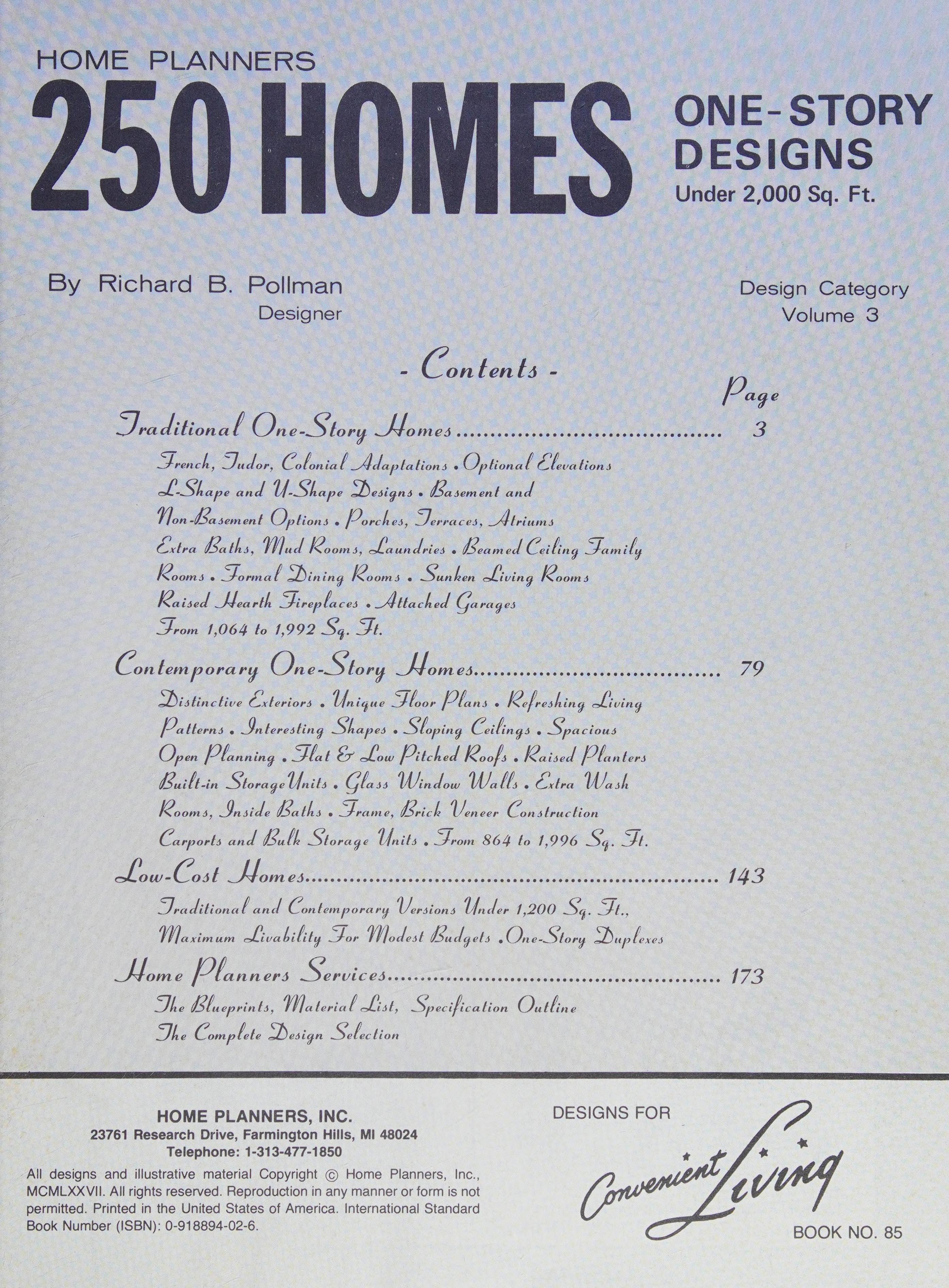 Home Planners 250 Homes: One-Story Designs Under 2,000 Sq. Ft