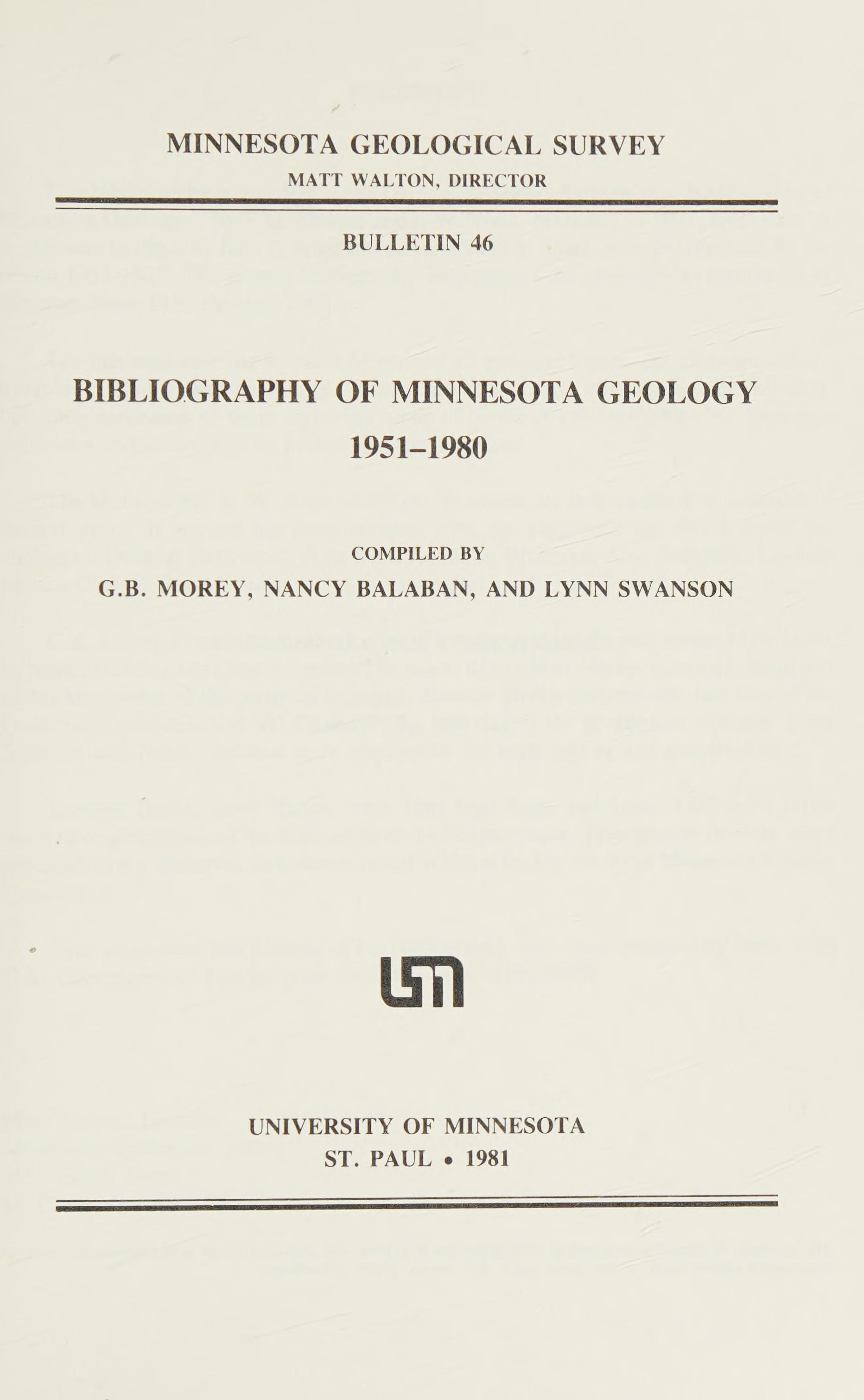 Bibliography of Minnesota Geology, 1951-1980 (Bulletin