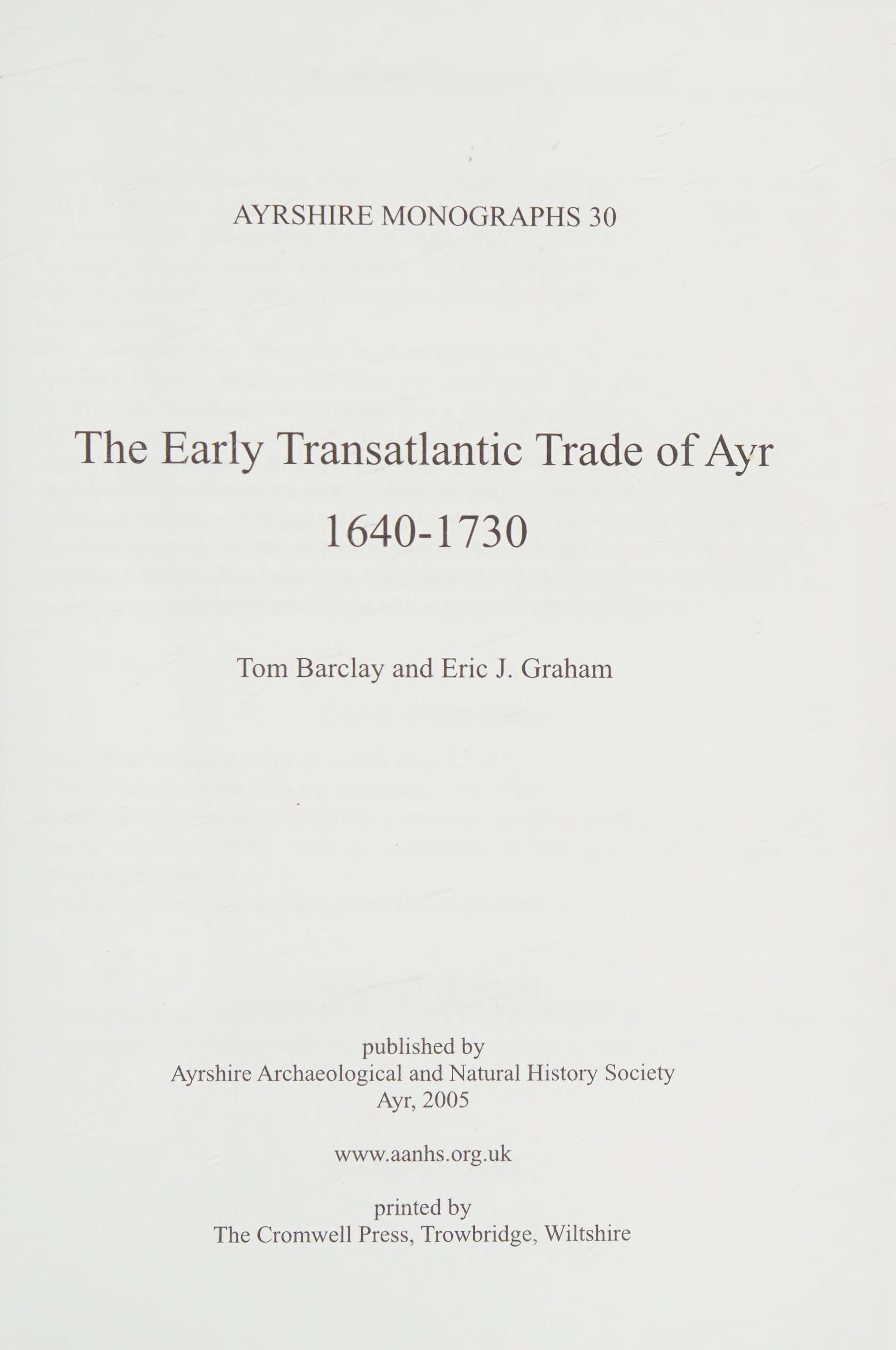 The Early Transatlantic Trade Of Ayr 1640-1730