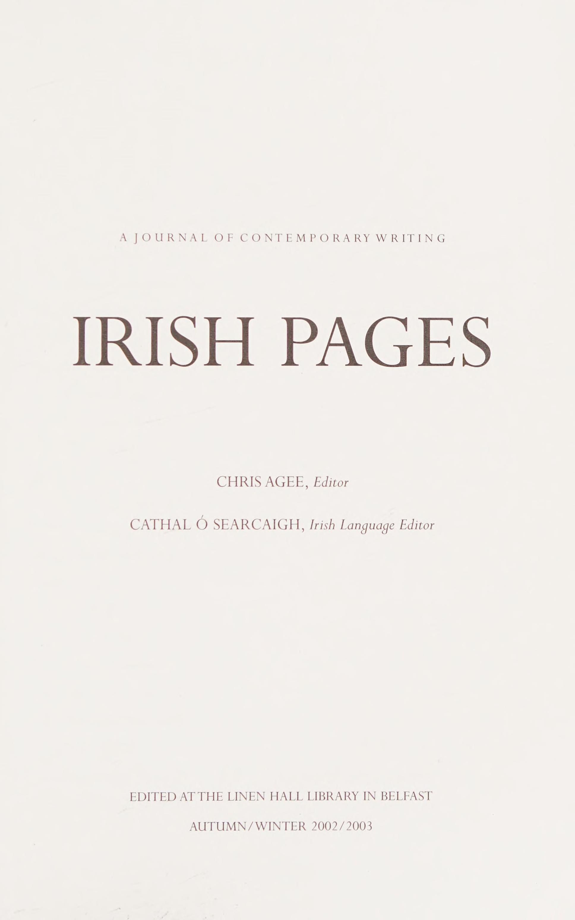 Irish Pages: A Journal Of Contemporary Writing: The Justice Issue: V. 1, No. 2