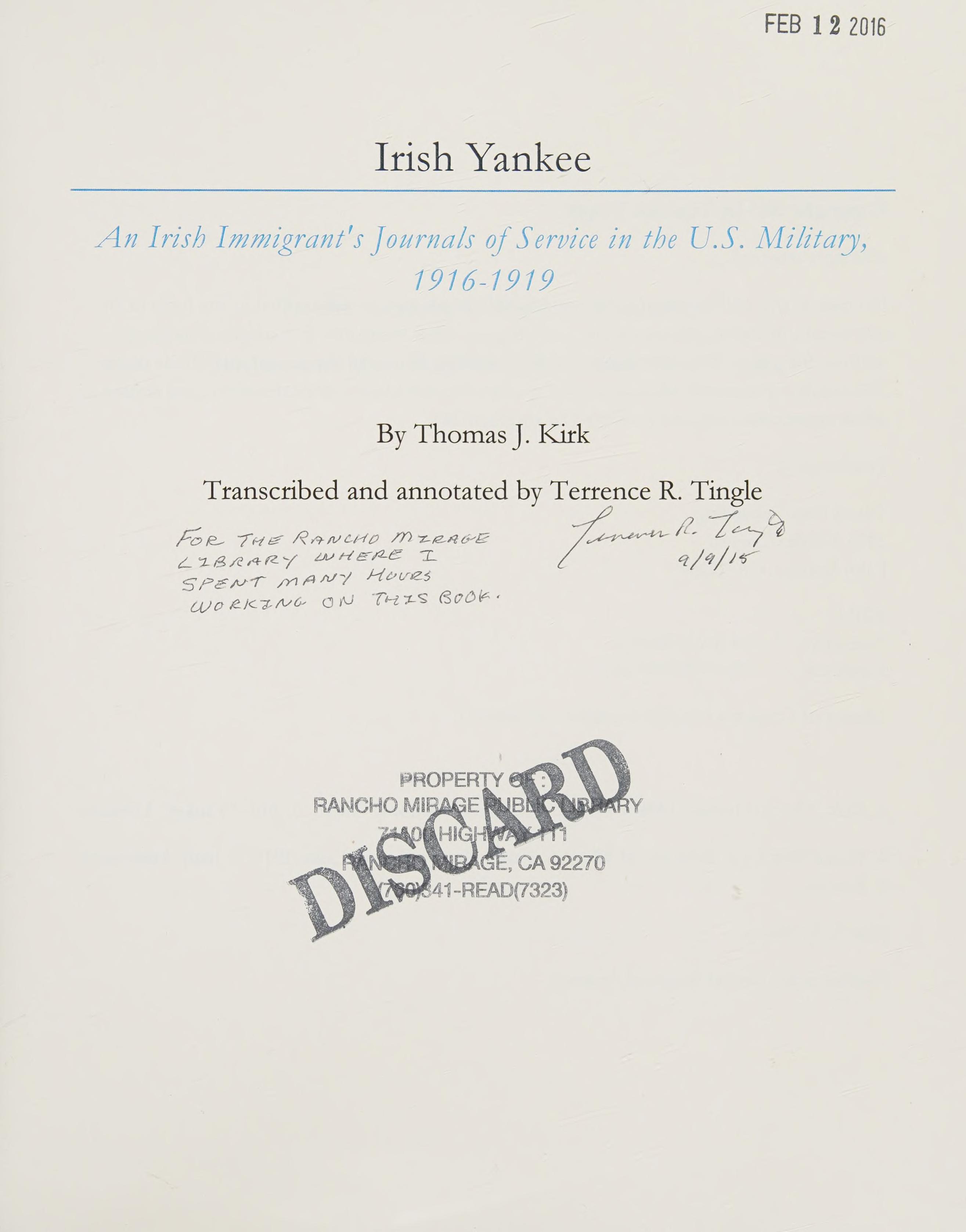 Irish Yankee - An Irish Immigrants Journal Of Service In The U.S. Military 1916-1919