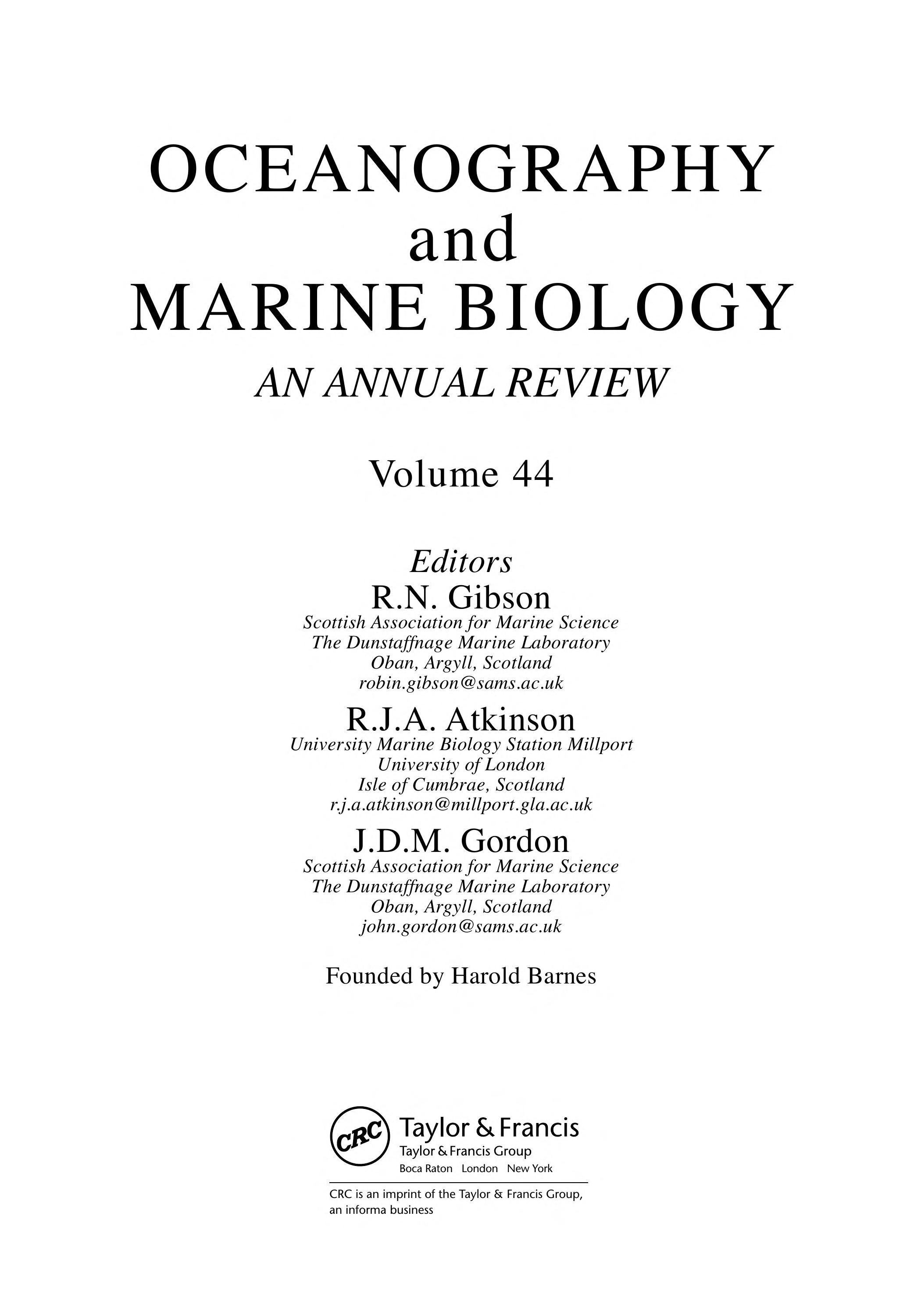 Oceanography And Marine Biology: An Annual Review, Volume 44