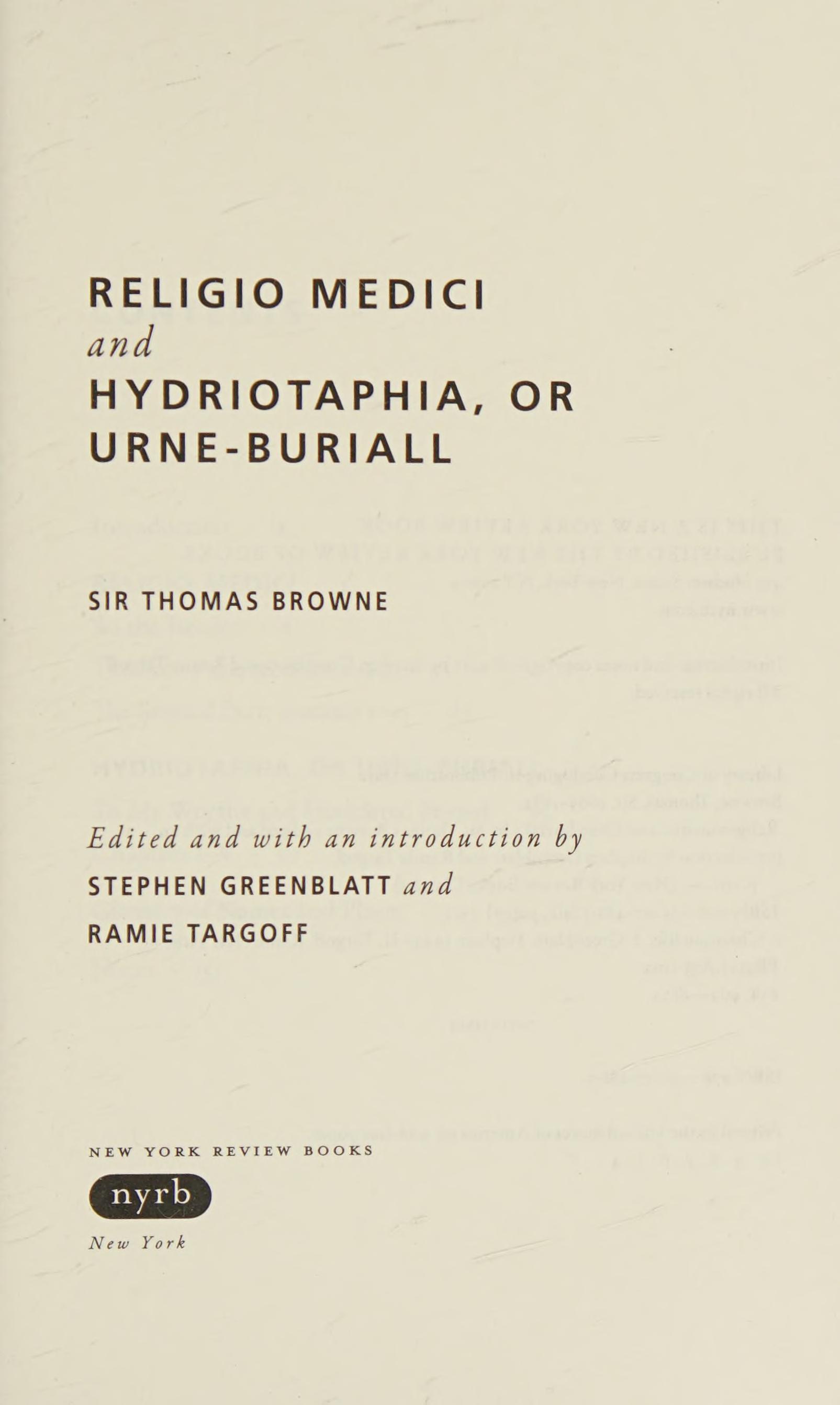 Religio Medici and Urne-Buriall