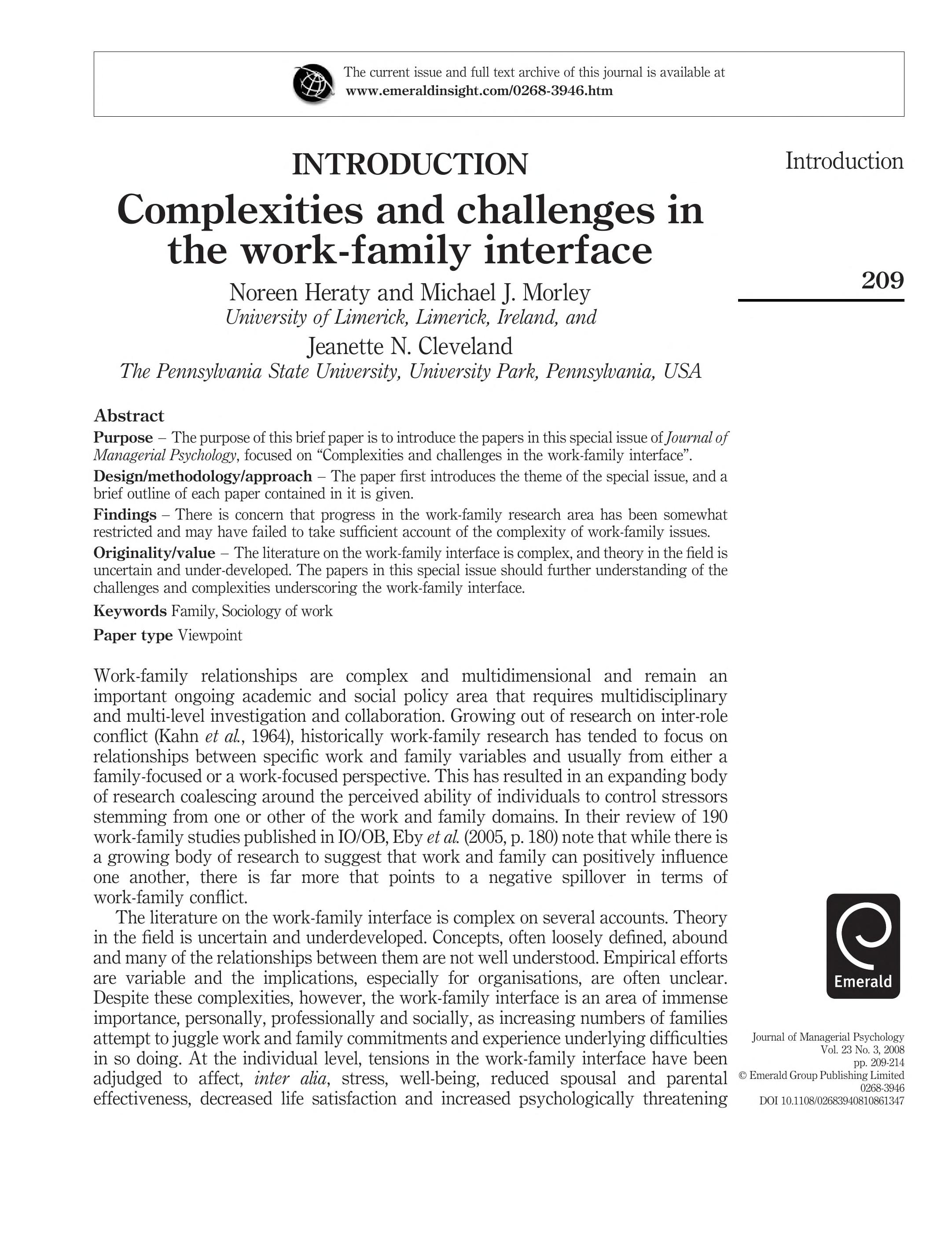 Complexities and challenges in the work family interface