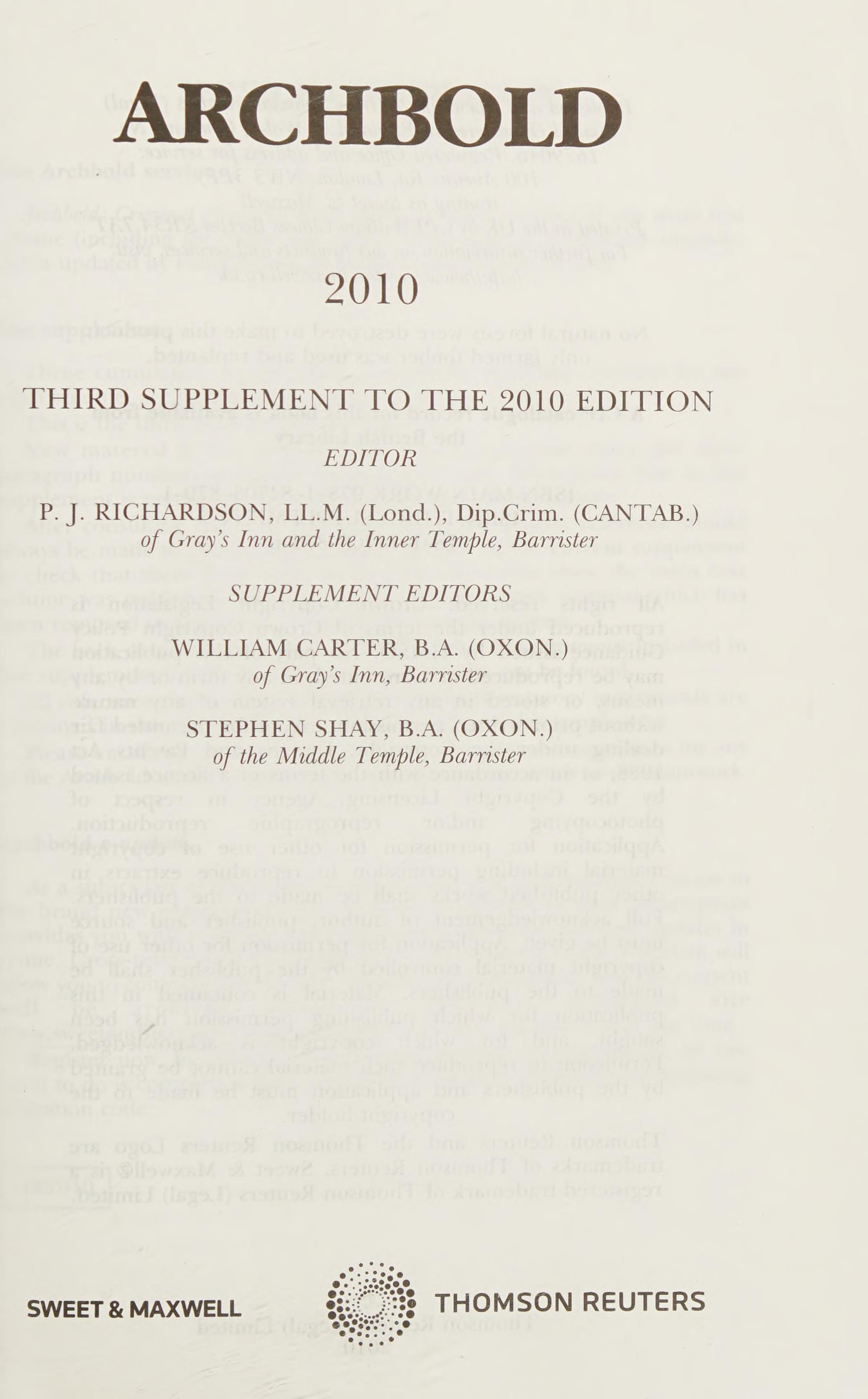 Archbold: Criminal Pleading, Evidence And Practice 2010 3rd Supplement