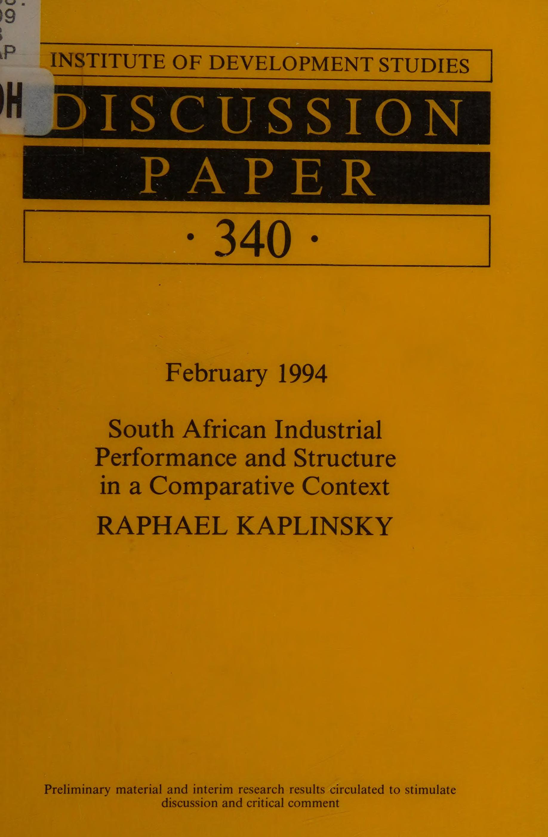 South African Industrial Performance and Structure in a Comparative Context (IDS Discussion Papers)