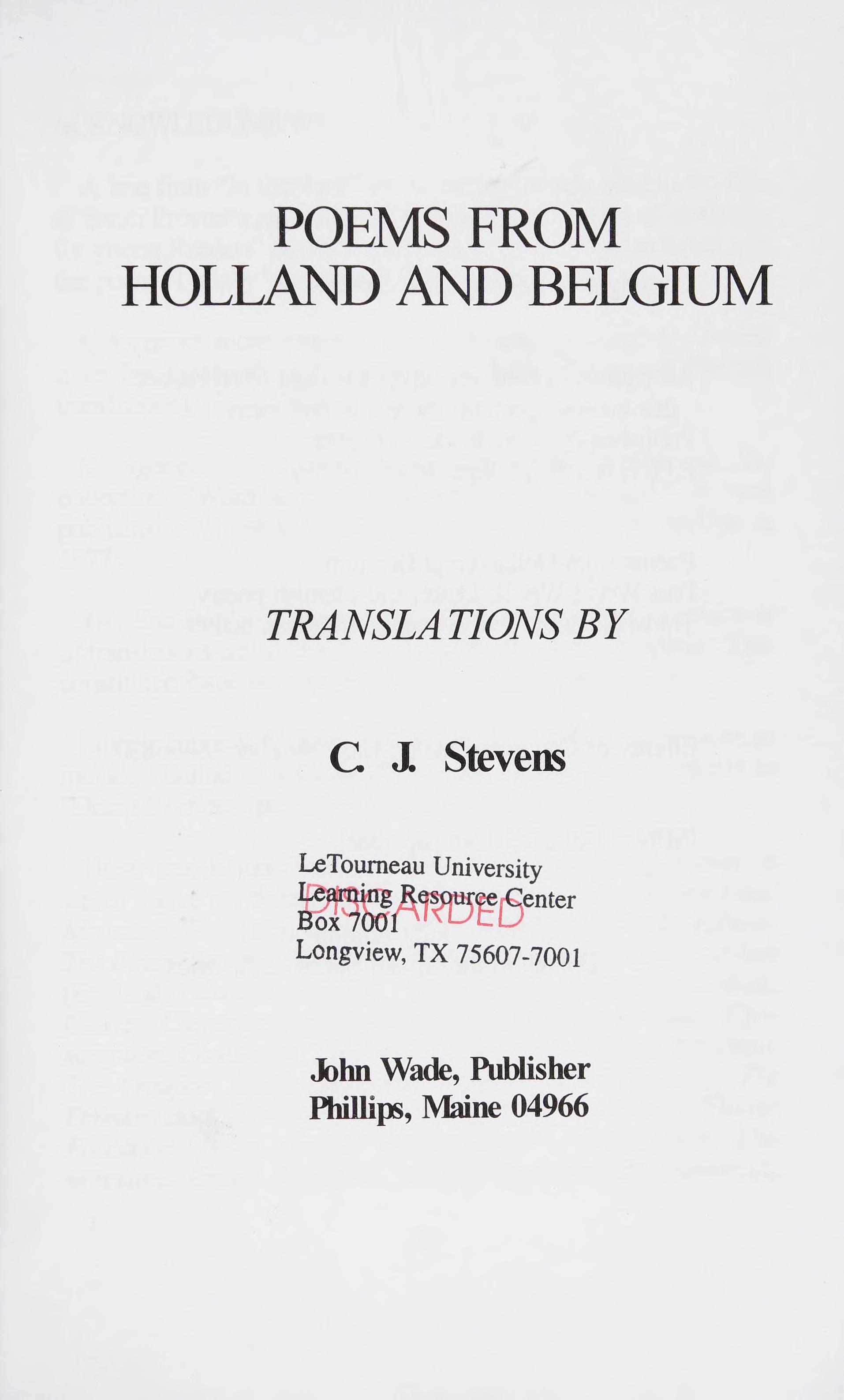 Poems from Holland and Belgium