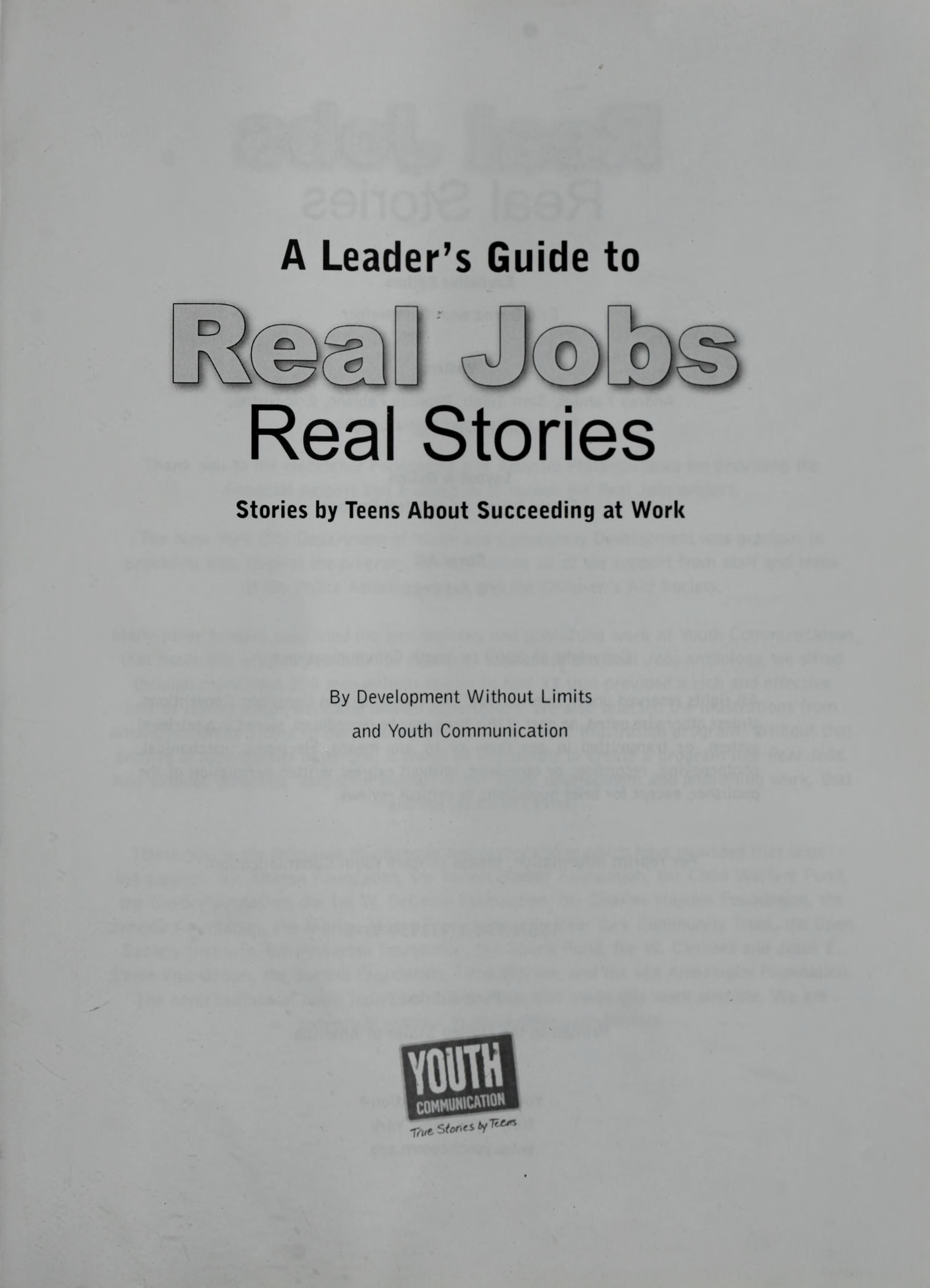 A Leader'S Guide To Real Jobs, Real Stories: Stories By Teens About Succeeding At Work