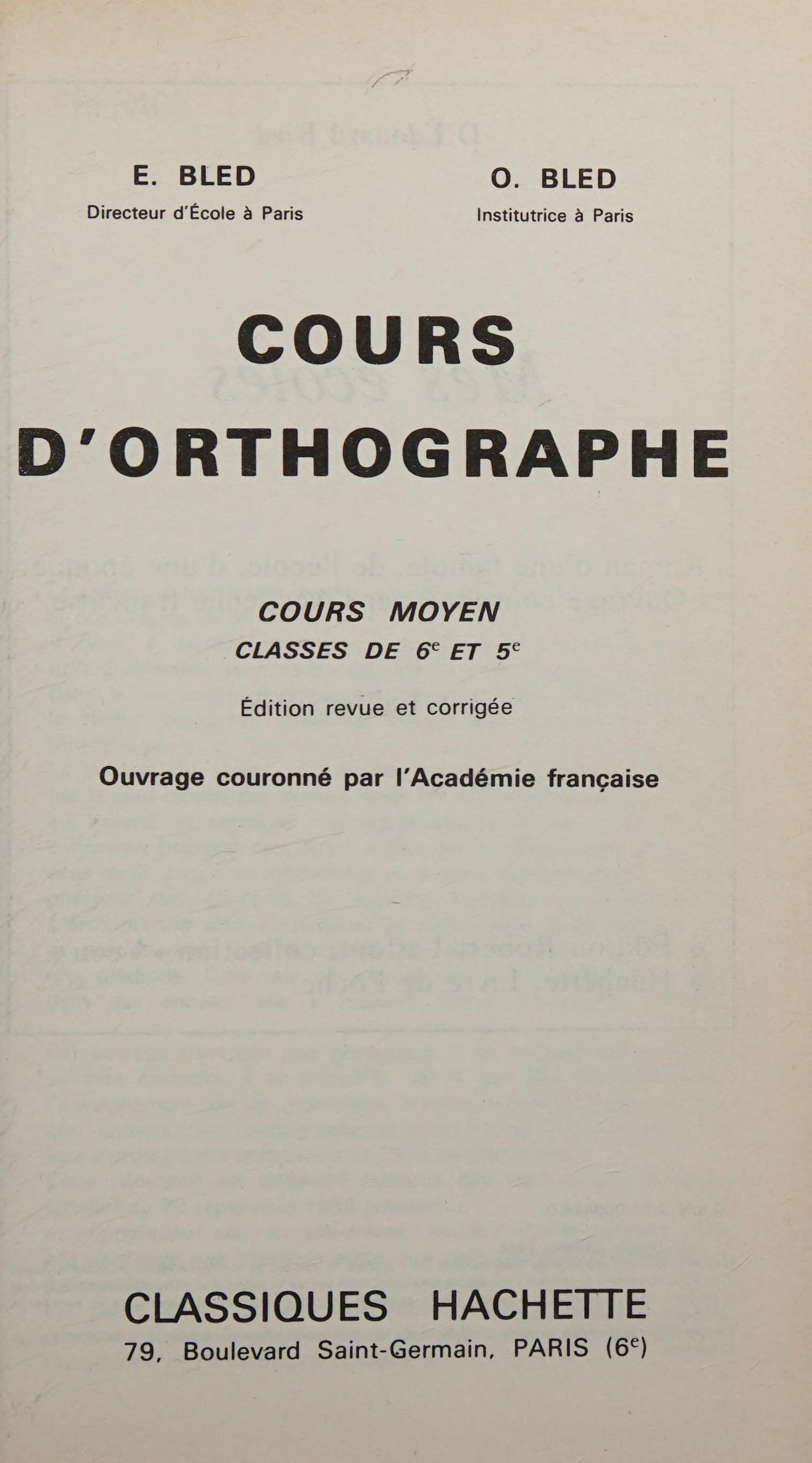 Cours D'Orthographe Cm Sixi?Me Cinqui?Me