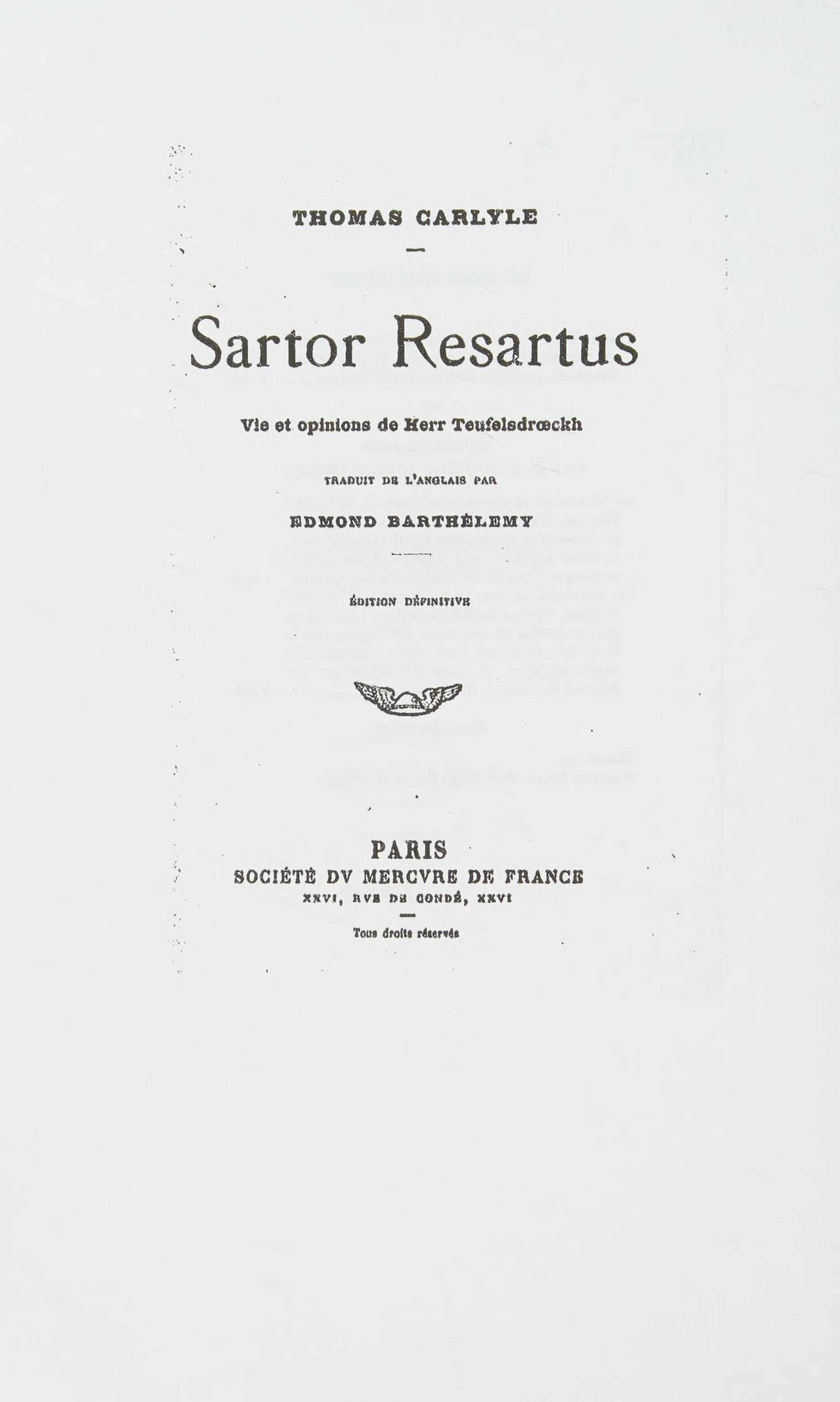 Sartor Resartus: Vie Et Opinions De Herr Teufelsdroeckh (Litterature) (French Edition)