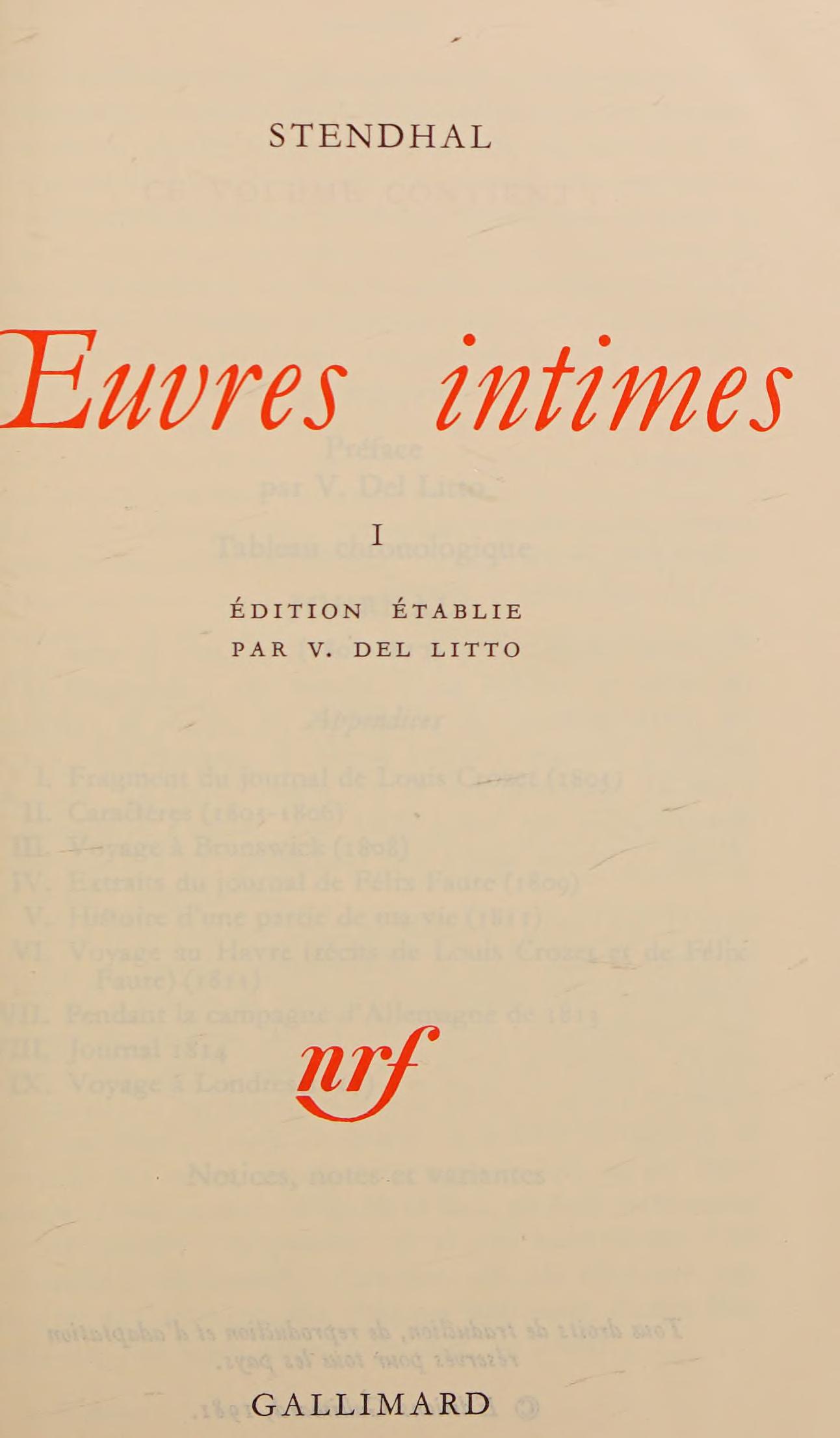 Oeuvres Intimes, Tome I 1801-1817 Bibliotheque de la Pleiade