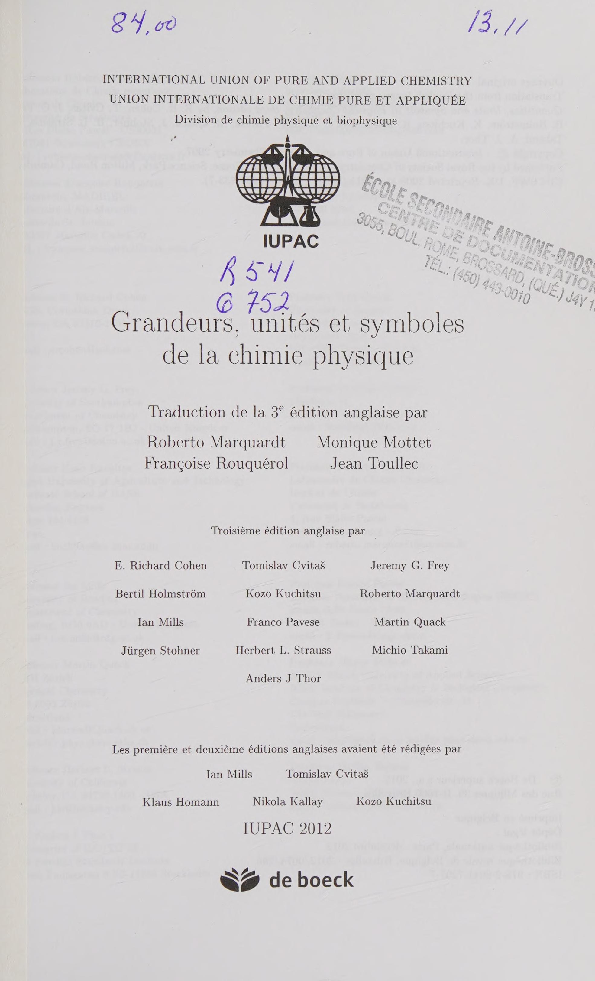 Grandeurs, Unités Et Symboles de la Chimie Physique