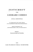 Festschrift Fur Gerhard Cordes Zum 65. Geburtstag