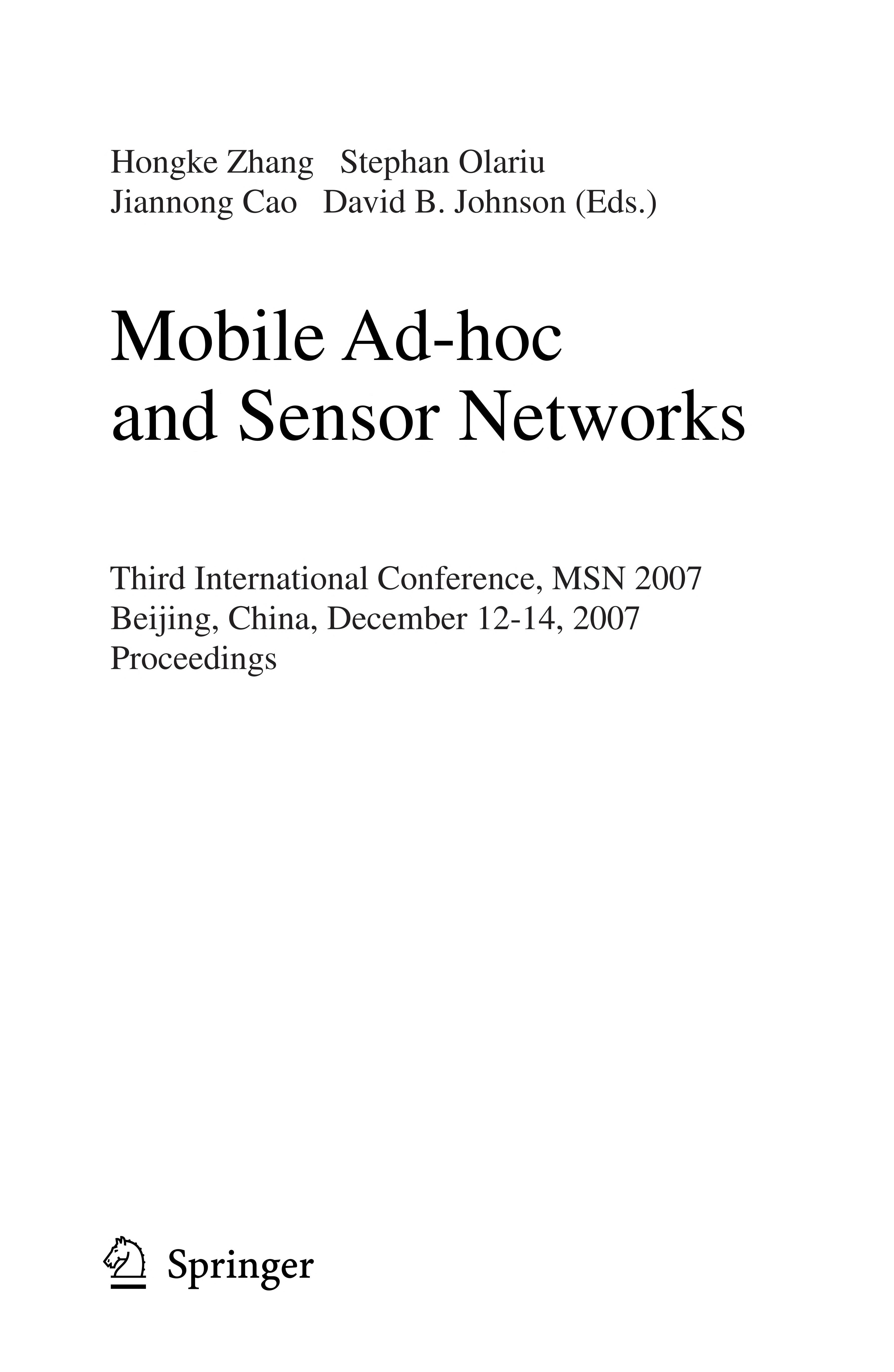 Mobile Ad-Hoc and Sensor Networks
