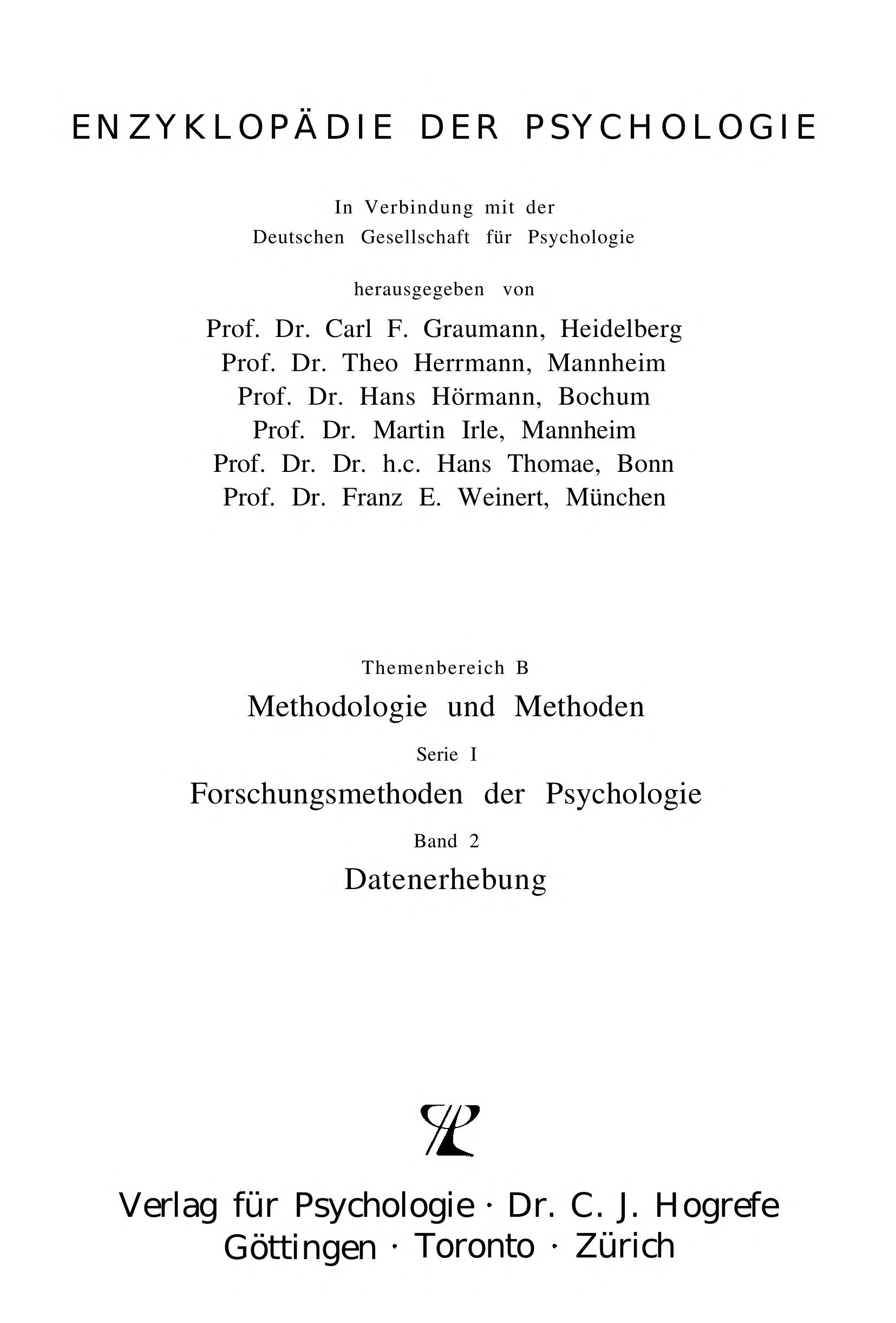 Enzyklopädie Der Psychologie, Bd.2, Datenerhebung