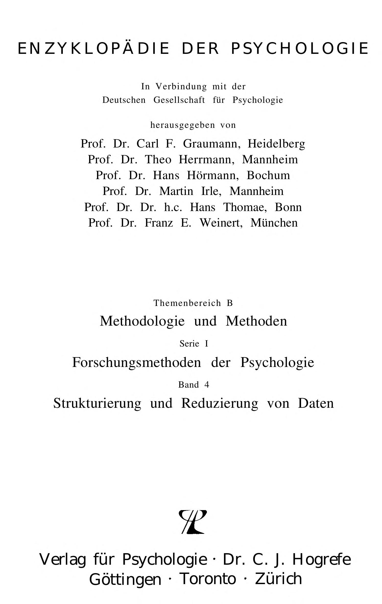 Enzyklopädie Der Psychologie, Bd.4, Strukturierung Und Reduzierung von Daten