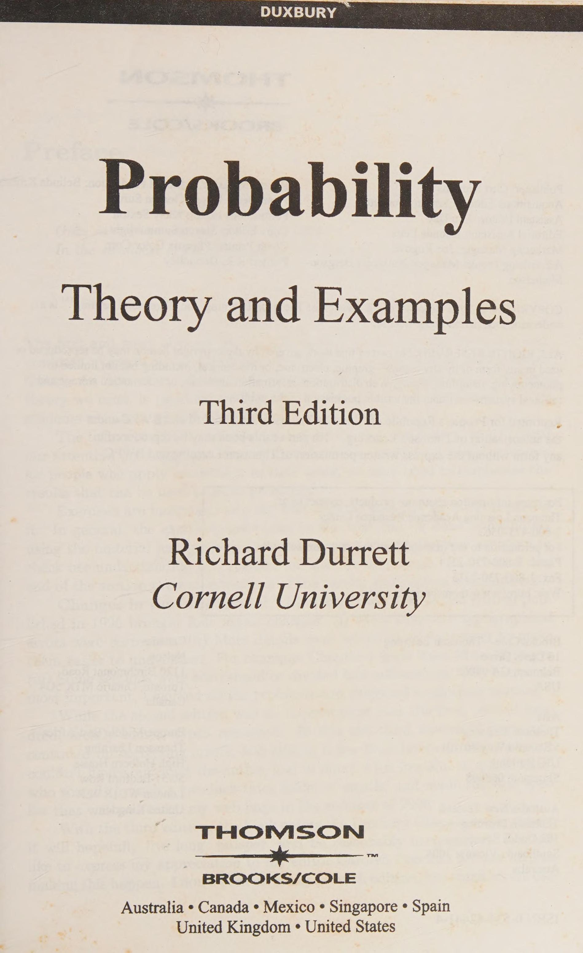 Probability: Theory And Examples (Third Edition), Duxbury Advanced Series