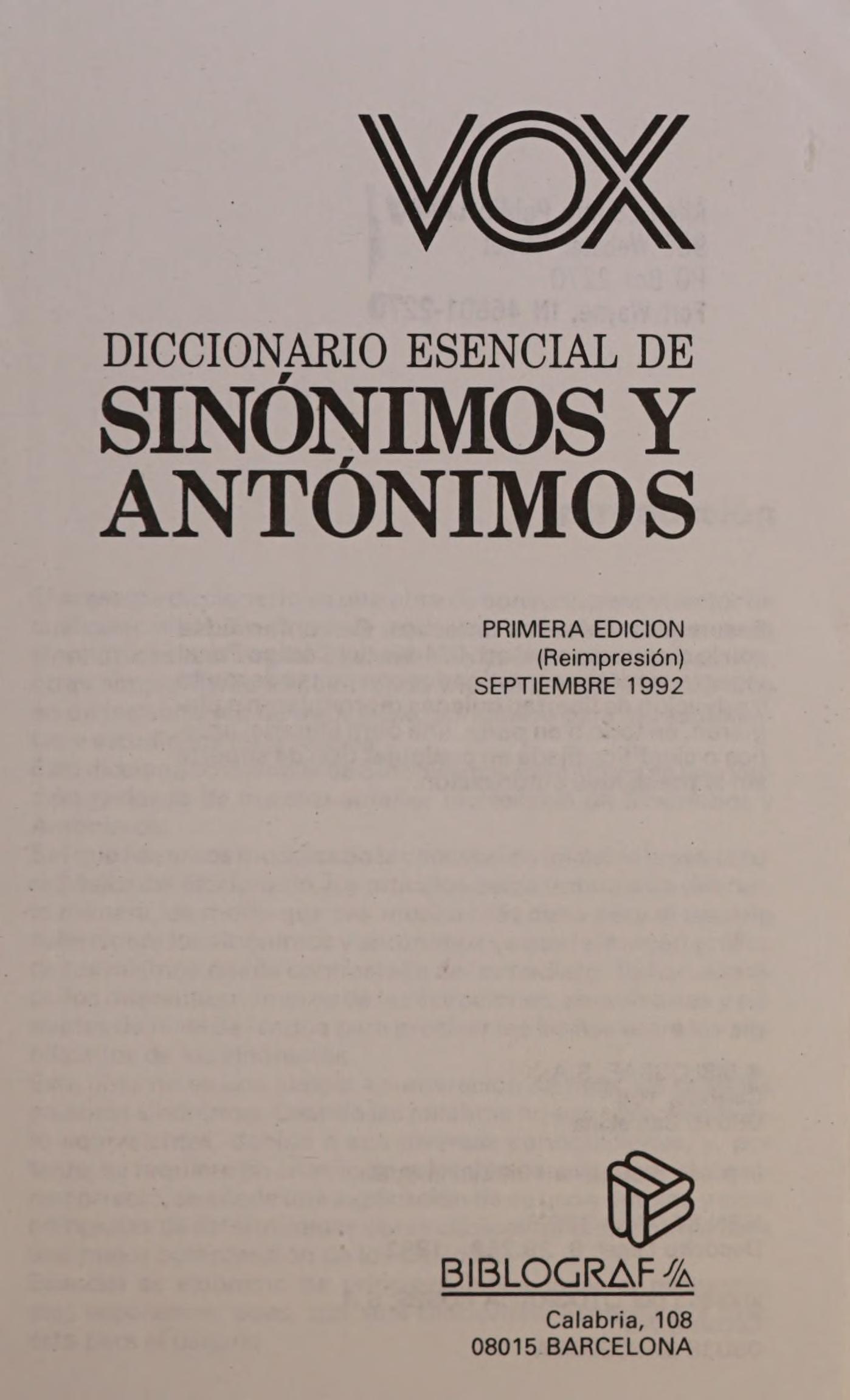 Vox Diccionario Esencal de Sinonimos y Antonimos