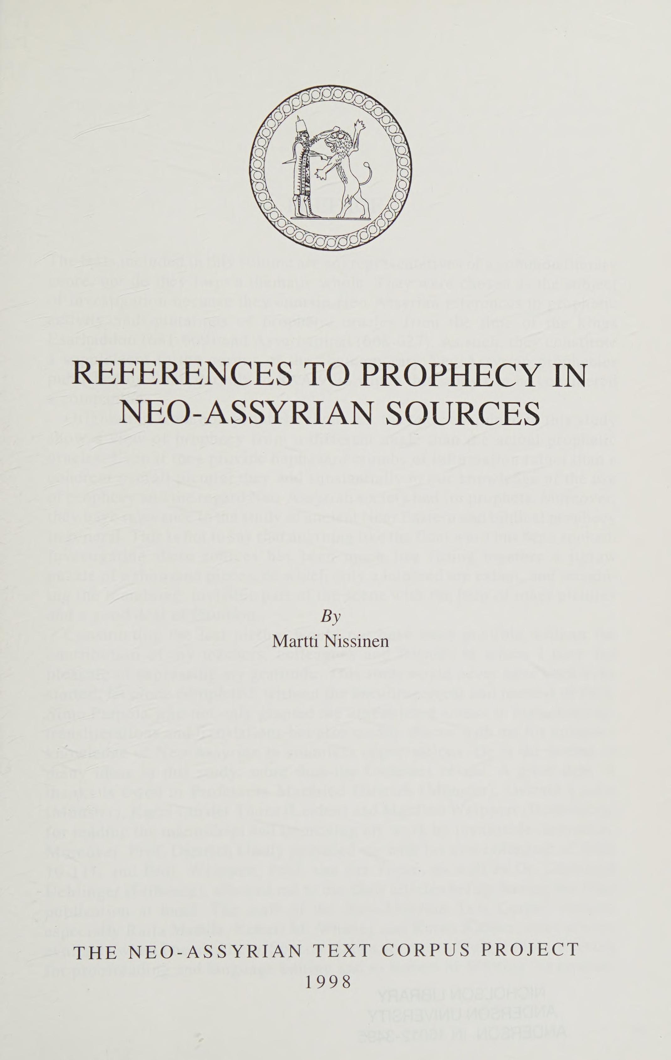 References to Prophecy in Neo Assyrian Sources State Archives of Assyria Studies Volume VII