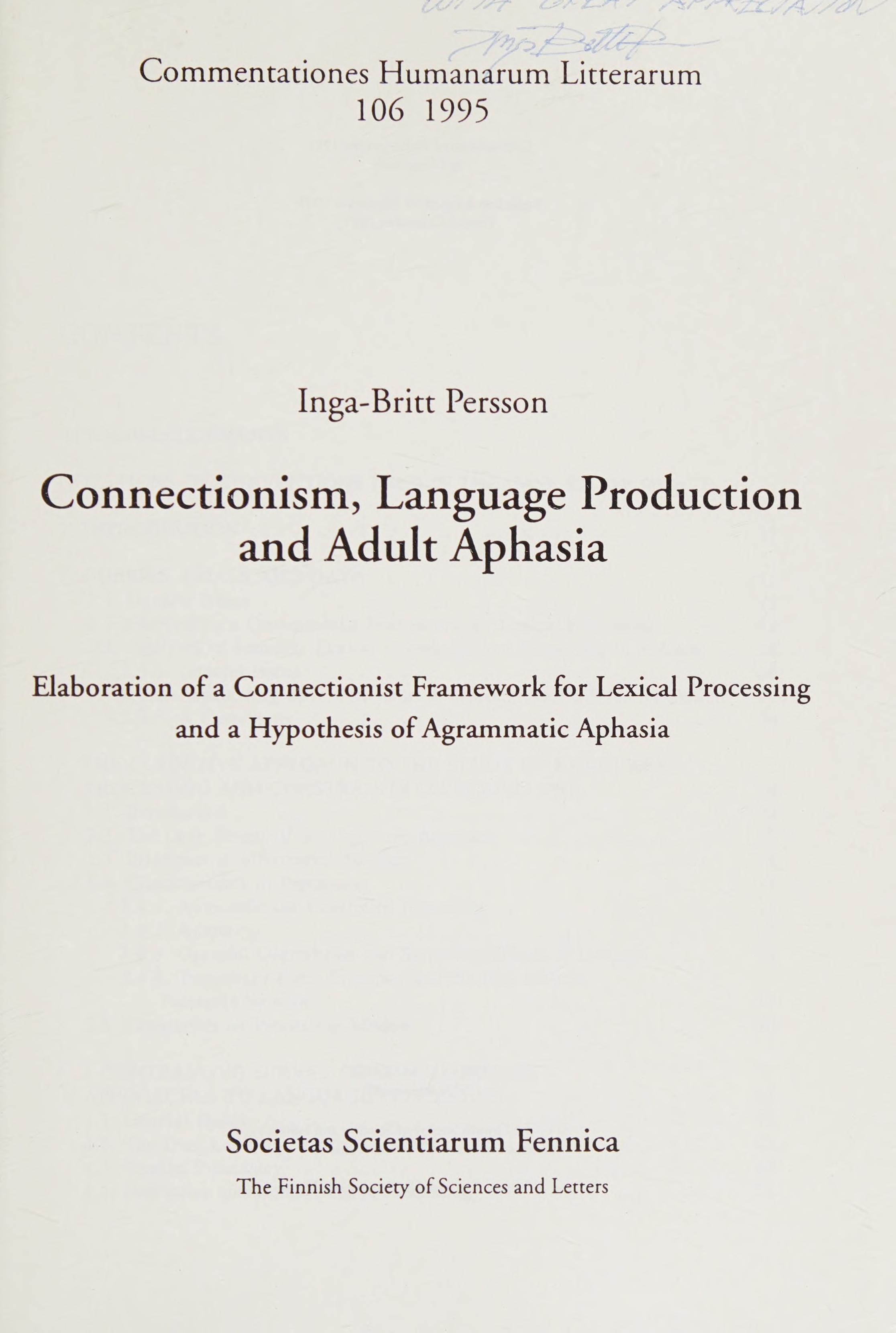Connectionism, Language Production, and Adult Aphasia